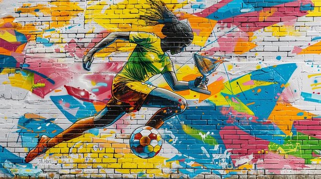 Colorful brick wall with colorful woman soccer player is kicking the ball, graffiti art