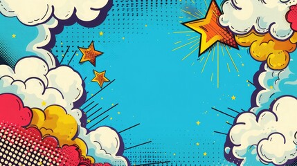 Pop art comic background with cloud and star ,Cartoon Illustration on blue, A little yellow star and white cloud drawing on blue sky background ,Cute wallpaper, comic style pop material explosion 
