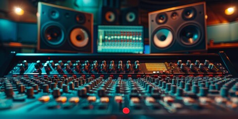 Professional audio mixing console in modern recording studio with vibrant lighting
