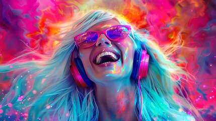 Super beautiful hippie woman with white long hair. She  is laughting and Wearing pink sunglasses and headphones. Explosion of colours in background