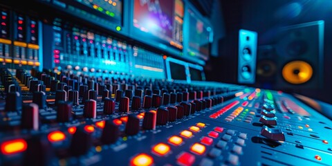 Fototapeta premium Professional audio mixing console in modern recording studio with vibrant lighting 