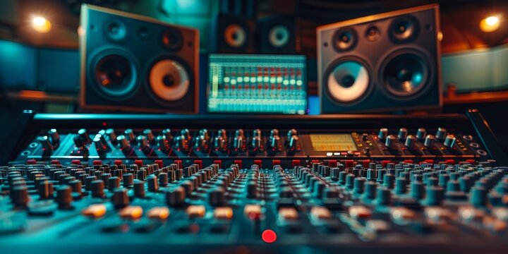 Professional audio mixing console in modern recording studio with vibrant lighting
