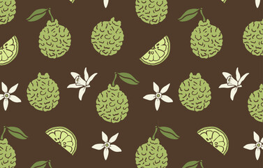 Bergamot fruit with flower and slices hand drawn seamless pattern. Fragrant citrus fruits on dark green background. Herbal and botanical concept. 