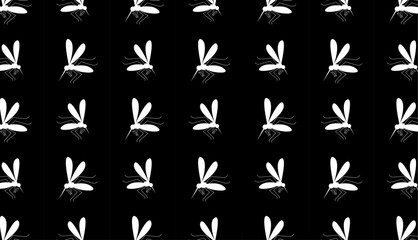 Mosquito silhouettes seamless pattern on black background. Simple vector design for textiles, wallpapers, and prints. Backdrop for pest control, health warnings, and informational posters