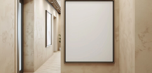 Expansive wide-angle minimalist beige corridor with a rectangular blank frame.