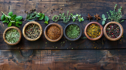 Aromatic herbs and spices neatly organized in charming bowls on a rustic wooden backdrop, ideal for culinary creativity or wellness concepts.