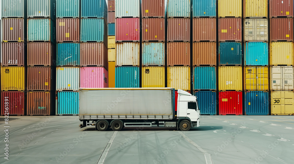 Wall mural a large truck with a trailer against the backdrop of shipping containers stacked in rows. cargo tran