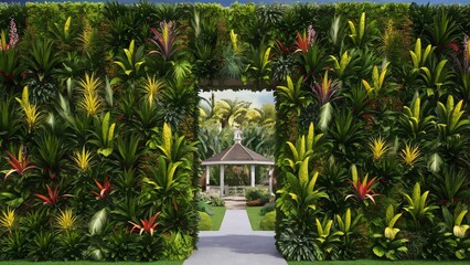 Front View Landscape Featuring Tropical Plants, Hedge, and Garden Wall