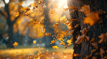 A closeup of the trunk and leaves on an oak tree in autumn, with a blurred park background in golden hour light.
