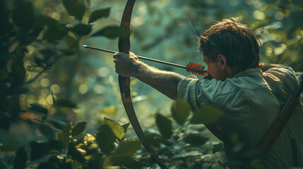 Immersive Photo Realistic Archery Concept: Man Perfecting Precision in Forest Setting, Showcasing Ancient and Exciting Hobby