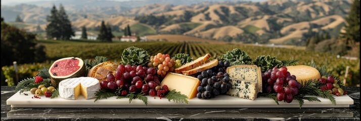 A variety of cheeses arranged on a marble table