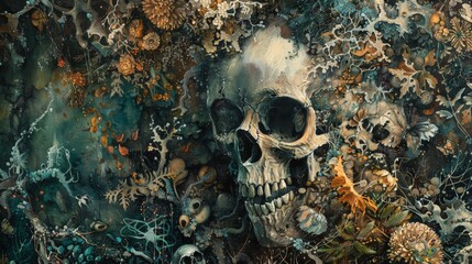 An abstract portrayal of living and dead elements, with half the background covered in lush, organic shapes and the other half in stark, skeletal structures. The seamless blending of the two sides