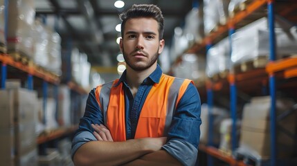Obraz premium A confident warehouse worker stands in front of shelves filled with goods, arms crossed and looking directly at the camera. 