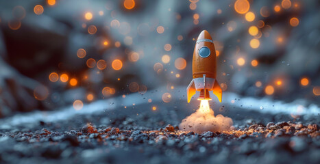 A toy rocket is seen taking off into the sky, with a trail of smoke behind it.