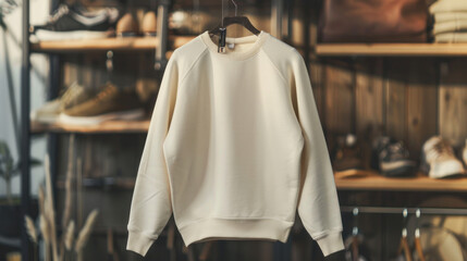 Fototapeta premium Blank ivory sweatshirt hanging on hanger on horizontal rack in cozy clothing store. Mock up template for sweatshirt design, print area for logo or design.