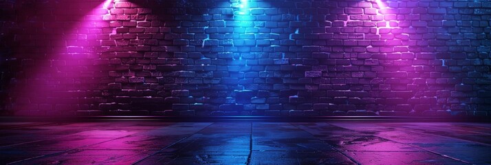 A brick wall with purple and blue neon lights shining on it, for product display. empty dark scene...