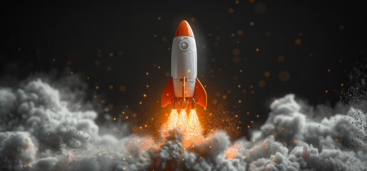 A rocket with red accents is lifting off, leaving a trail of smoke and flames against a nighttime sky.