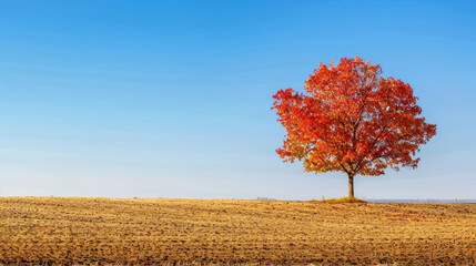 Brightly colored fall tree standing alone in a deserted field.