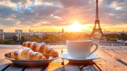 coffee and croissants against the background of the Eiffel Tower. Selective focus