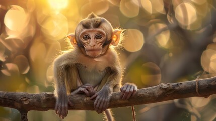 A baby monkey is sitting on a branch during the sunset.