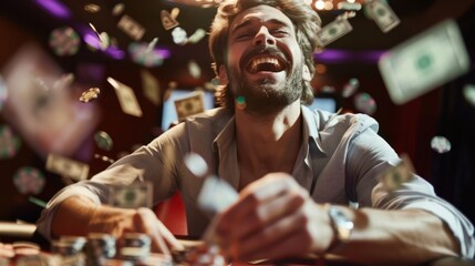 A smiling young man is happy winning poker in a casino and money is scattered around.
