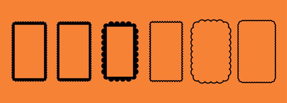Lace scallop frame border. Cute frill rectangle edge. Retro wavy squiggle ornament. Curly groovy framework design. Vertical social media story rectangular label. Different wiggle box outline cutout