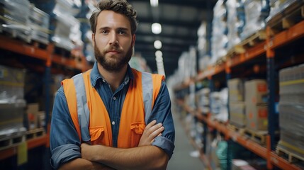 A confident warehouse worker stands in front of shelves filled with goods, arms crossed and looking directly at the camera.
