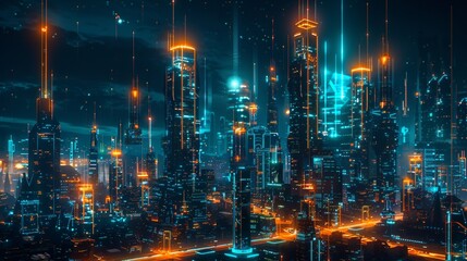 Futuristic cyberpunk cityscape with neon lights and glowing digital elements