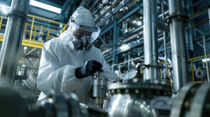 Chemical plant operator in protective clothing, checking equipment and monitoring gauges, highlighting the importance of safety and precision in industrial processes.