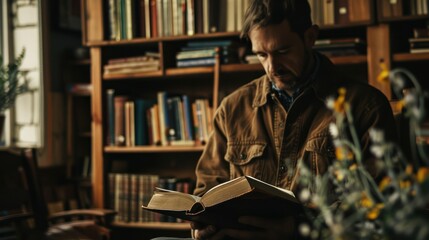 A man carefully reads a Bible in a library.