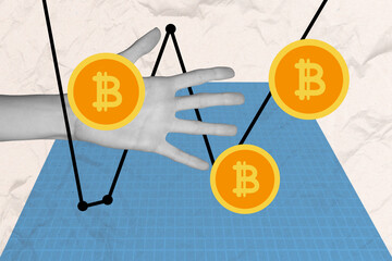 Composite photo collage of people hand palm want take bitcoin money graph development token trader...