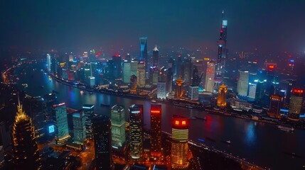 Aerial view of the skyline of the riverside financial district. In a prosperous city