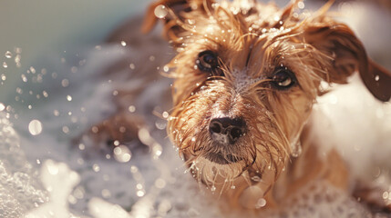 Close-up of a pet dog having a bubbly bath, splashing joyfully with suds, capturing the playful and refreshing moment in detail.