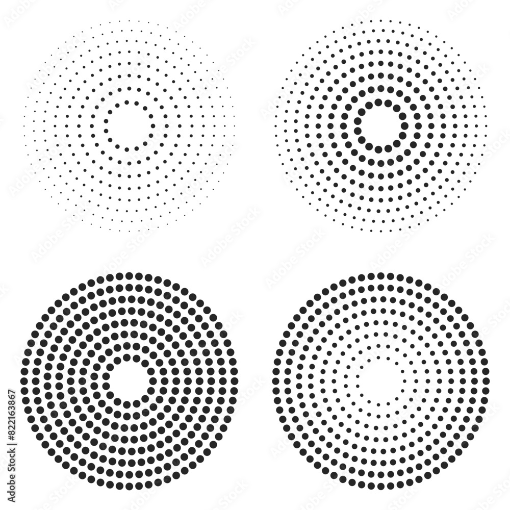 Poster abstract black concentric, hypnotic dotted line circle elements isolated on a transparent background