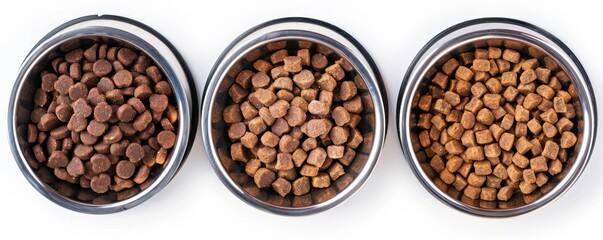 A set of three metal bowls filled with different types of dry pet food, showcasing variety and nutrition for your furry friend