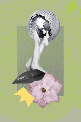 Sketch photo collage of bodyless incognito person rose flower instead style legs up on huge disco...