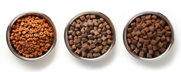 A set of three metal bowls filled with different types of dry pet food, showcasing variety and nutrition for your furry friend