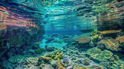 Crystal-clear waters revealing a vibrant coral reef, a hidden underwater world alive with color and mystery.
