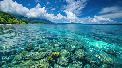 Crystal-clear waters revealing a vibrant coral reef, a hidden underwater world alive with color and mystery.