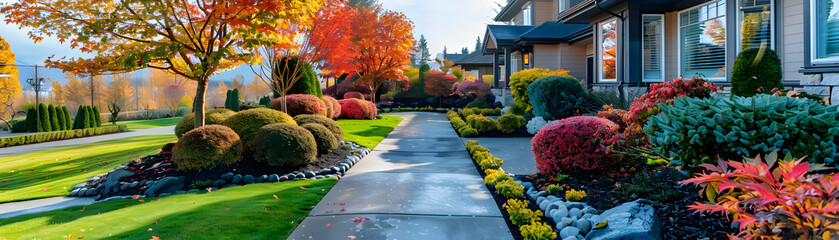 Beautiful front yard landscaping concept of a home for sale showcasing curb appeal and outdoor beauty of the property