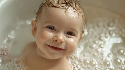 Cute baby smiling, enjoying a bubbly bath generated by