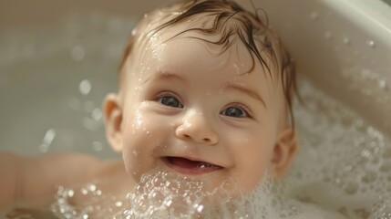 Cute baby smiling, enjoying a bubbly bath generated by