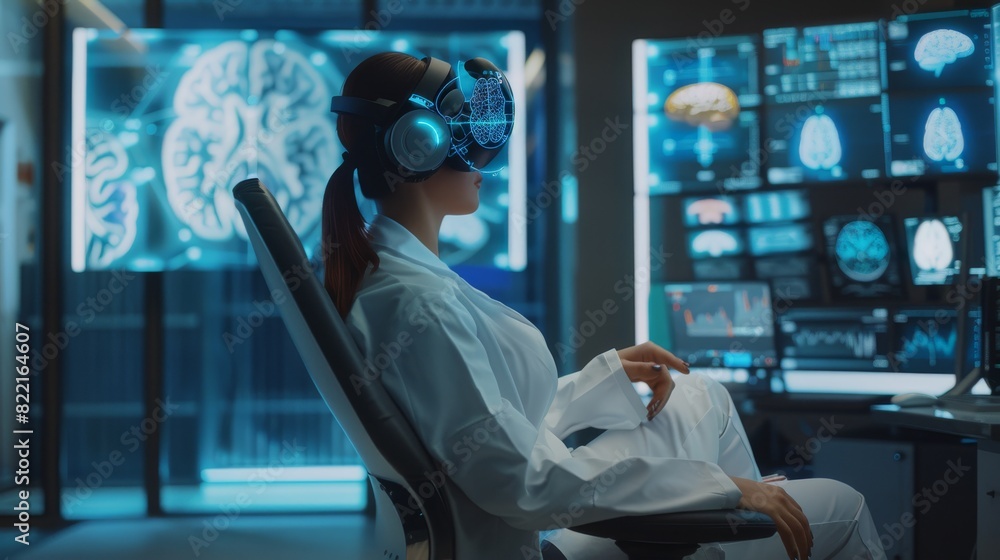 Poster in the modern brain study laboratory, monitors show the eeg reading and model of the brain while a w