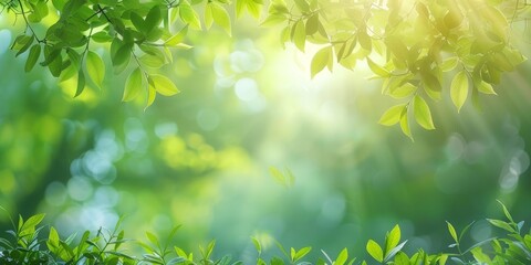 Sunlit green leaves with bright bokeh background in a tranquil nature setting
