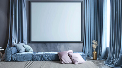 Wide rectangular blank frame in a gallery with periwinkle blue velvet curtains.