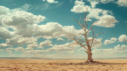 Desert landscape and dead tree with sky. Drought.