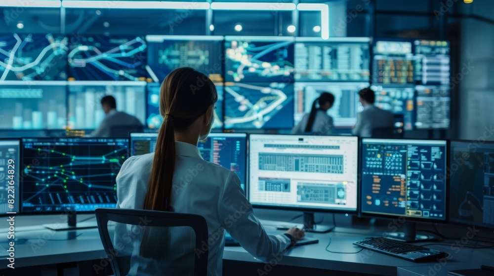 Poster monitor room - a professional female operator observes the correct operation of the facility. people
