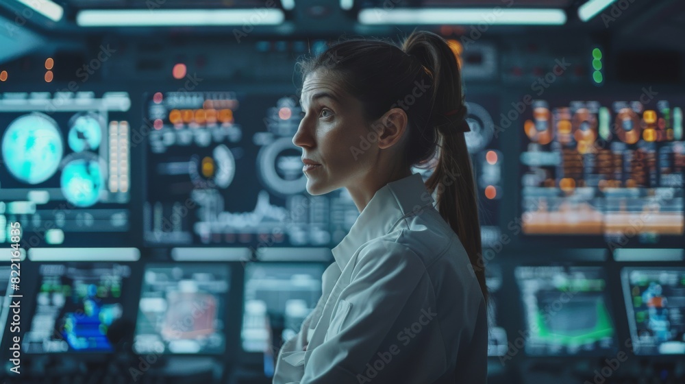 Poster female chief engineer in system control room explaining her project. multiple screens display intera