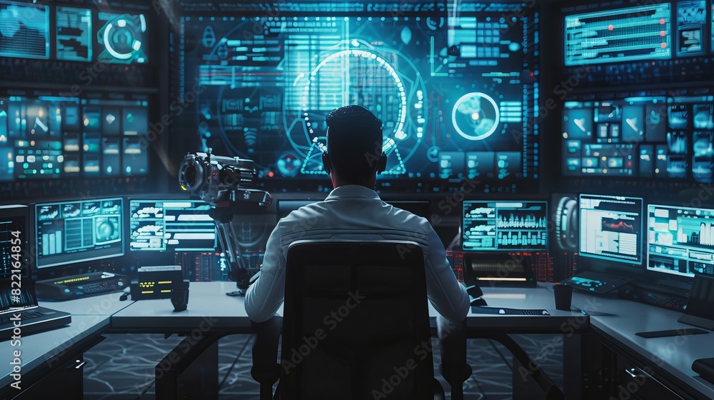Poster technical operators monitor system stability from screens in the monitoring room.