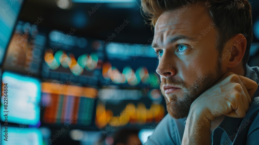 Poster there is a stock market top trader thinking hard about selling stocks at the right time. behind him 